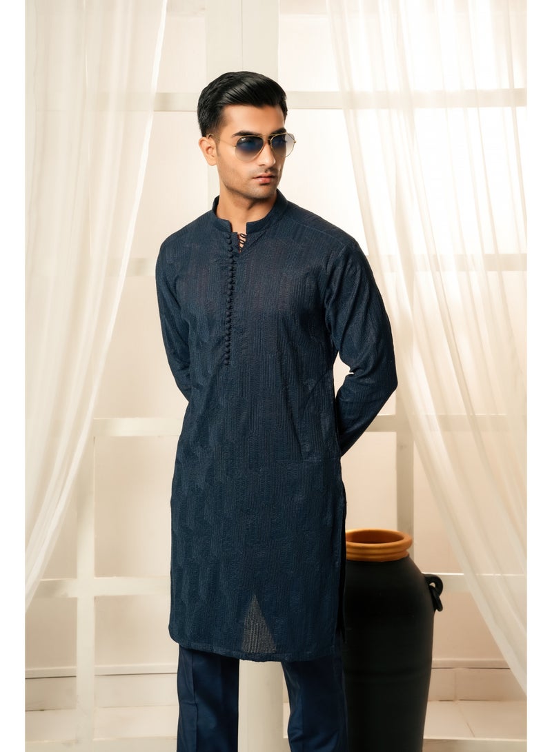 قميص بنطلون مطرز باللون الأزرق منتصف الليل - Image 3