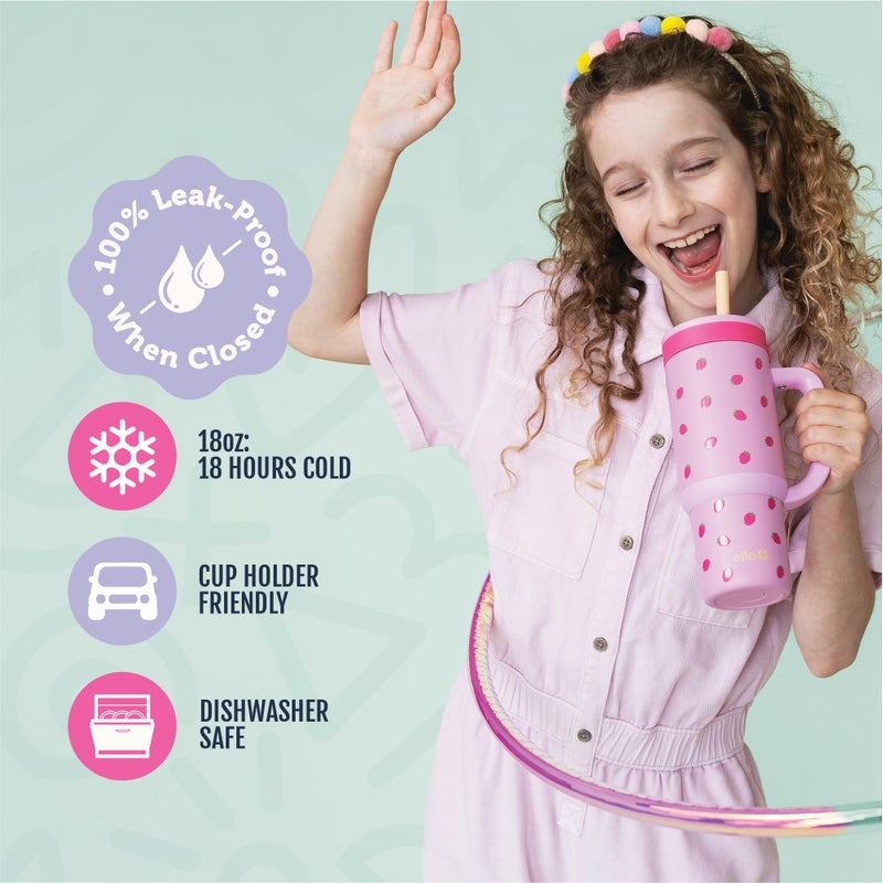 Ello Oasis 18oz Stainless Steel Kids Tumbler with Handle & Retracting Straw, 100% Leakproof, Double-Wall Vacuum Insulated, Kids Water Bottle for School, BPA Free + Dishwasher Safe, Strawberries - Image 3