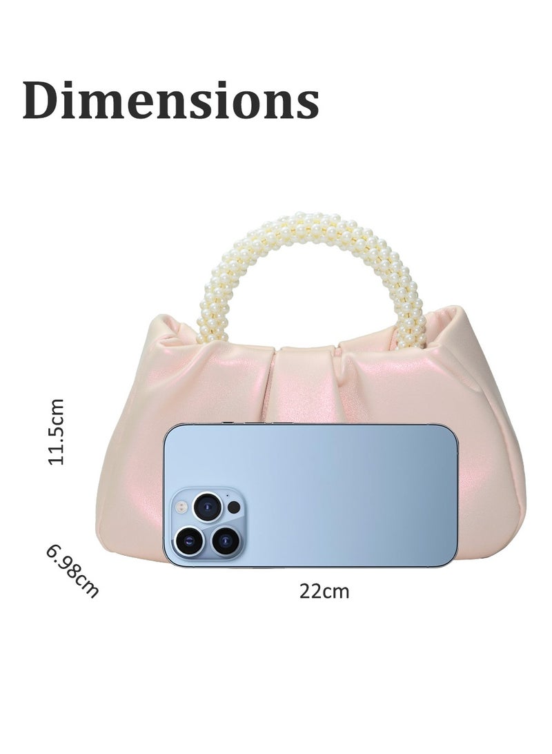 Clutch Purse for Women, Evening Bag with Pearl Handle, Soft PU Leather Handbag Pleated Bag for Wedding Bridal Prom Cocktail Party - Image 3