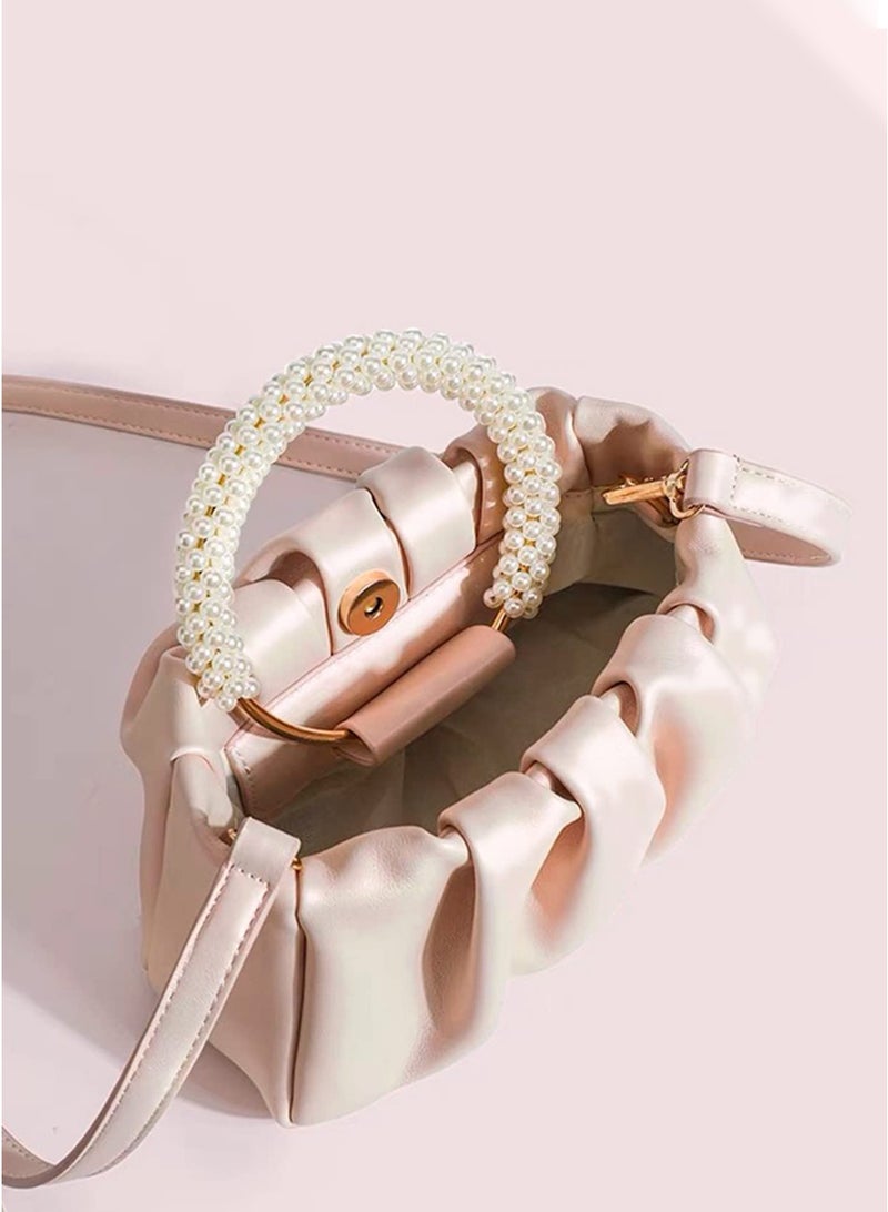 Clutch Purse for Women, Evening Bag with Pearl Handle, Soft PU Leather Handbag Pleated Bag for Wedding Bridal Prom Cocktail Party - Image 5