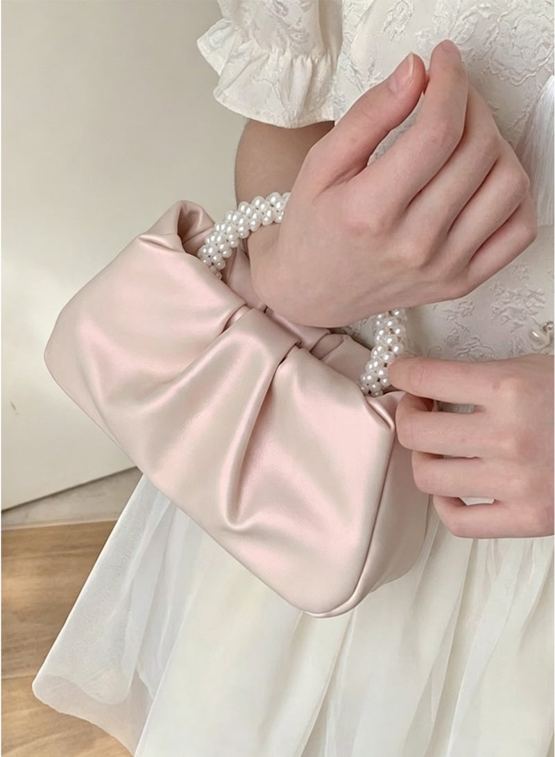 Clutch Purse for Women, Evening Bag with Pearl Handle, Soft PU Leather Handbag Pleated Bag for Wedding Bridal Prom Cocktail Party - Image 2