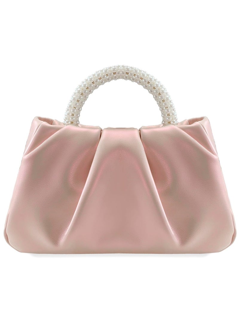 Clutch Purse for Women, Evening Bag with Pearl Handle, Soft PU Leather Handbag Pleated Bag for Wedding Bridal Prom Cocktail Party - Image 1