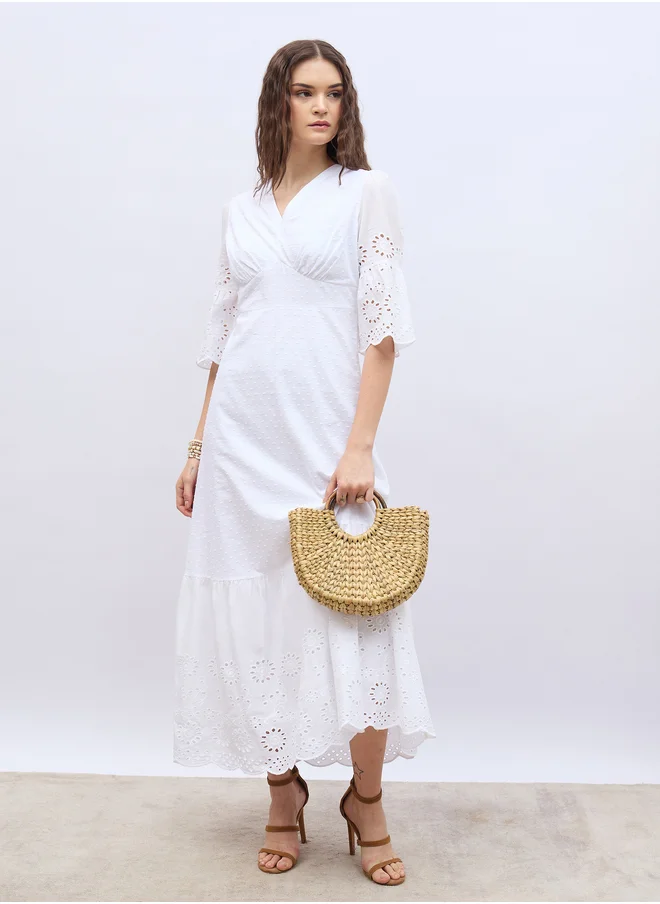 Styli Styli Dobby V Neck A-Line Maxi Dress with Schiffli Detail