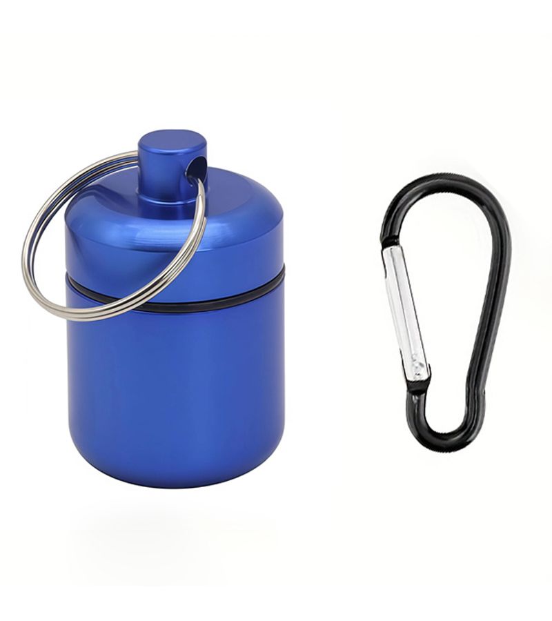Blue Portable 2 Piece Metal Pill Case with Carabiner Moisture Proof Store - Image 4