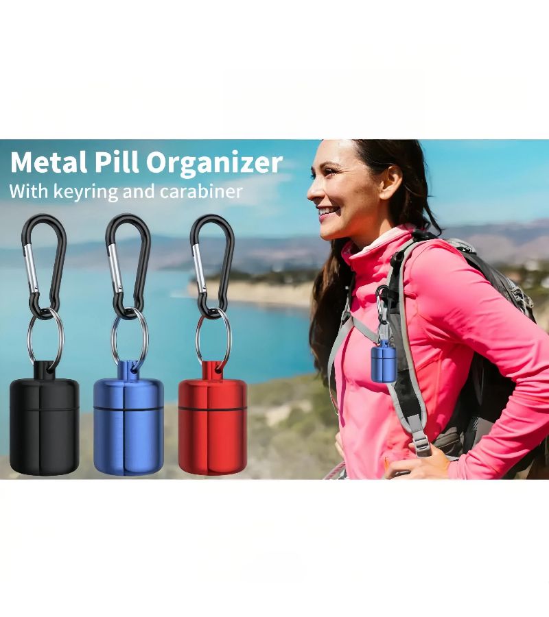 Blue Portable 2 Piece Metal Pill Case with Carabiner Moisture Proof Store - Image 1