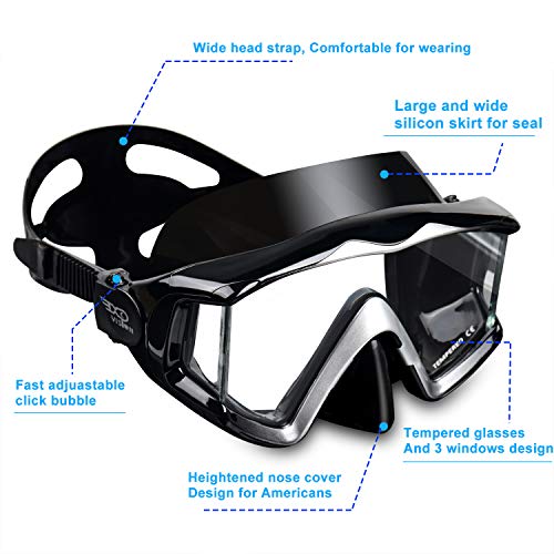 EXP VISION Adult Pano 3 Window Scuba Diving Mask, Tempered Glass Snorkel Mask Anti-Fog Swim Mask No Leakage Swim Goggles with Nose Cover Snorkeling Gear for Snorkeling, Freediving, Swimming (Black) - Image 3