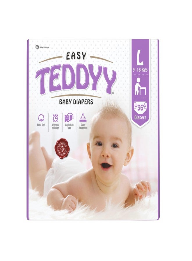 TEDDYY Easy Baby L Size Diaper Tape Style | 36 Count (Large) | 9-13 kgs (Pack of 1) | Quick Absorbency | Extra Super Soft | Anti - Bacterial | Wetness Indicator with Adjustable Grip Tapes - Image 1