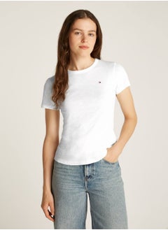 TOMMY HILFIGER Women's 1985 Collection Textured Stripe Slim T-Shirt -  Pure organic slub cotton, White  - Image 1