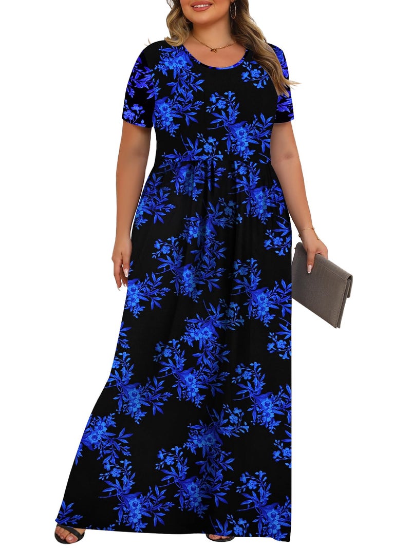 Tencede Womens Plus Size Maxi Dresses Summer 2026 Casual Short Sleeve with Pockets Long Dress Black Blue Leaves 1X - Image 3