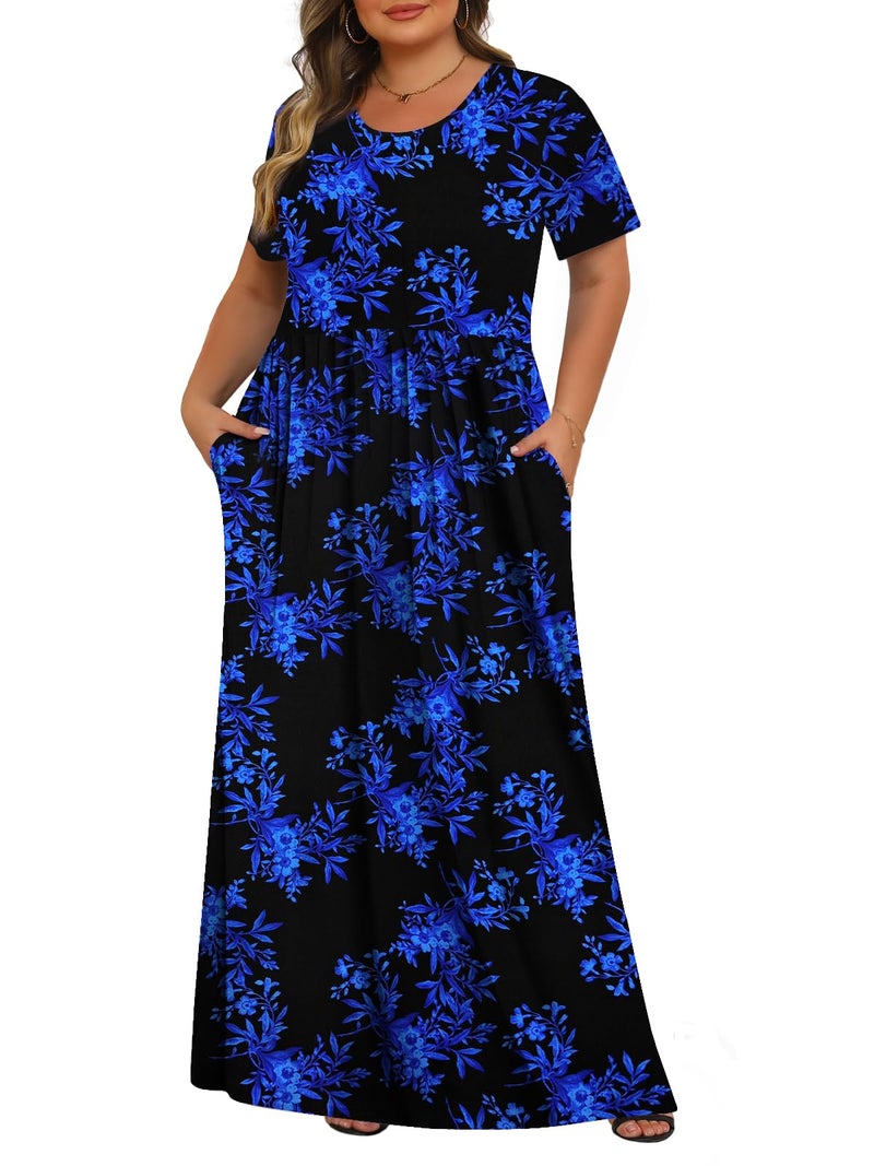 Tencede Womens Plus Size Maxi Dresses Summer 2026 Casual Short Sleeve with Pockets Long Dress Black Blue Leaves 1X - Image 1