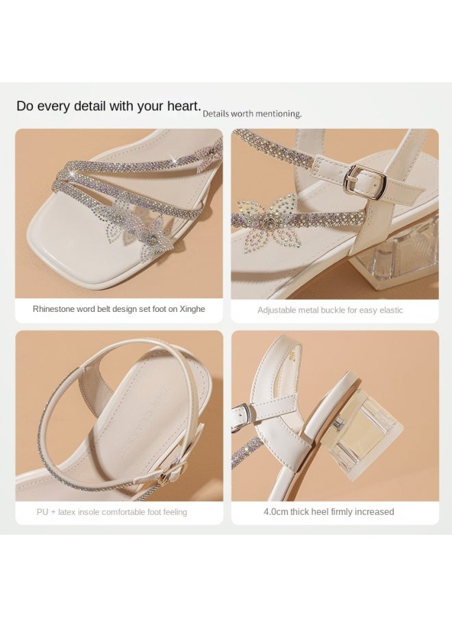 ZHR 【flash Crystal Butterfly】 صندل بكعب عريض متبلور ذو حزام واحد عصري، صندال نسائي فاخر، صندال صيفي - Image 5
