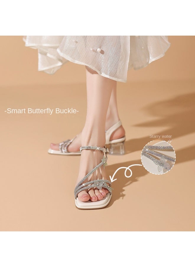 ZHR 【flash Crystal Butterfly】 صندل بكعب عريض متبلور ذو حزام واحد عصري، صندال نسائي فاخر، صندال صيفي - Image 4