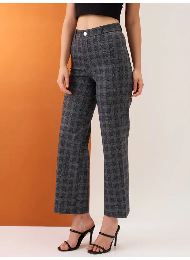 globus Women Grey Checkered Self Design Mid-Rise Straight Fit Formal Trousers