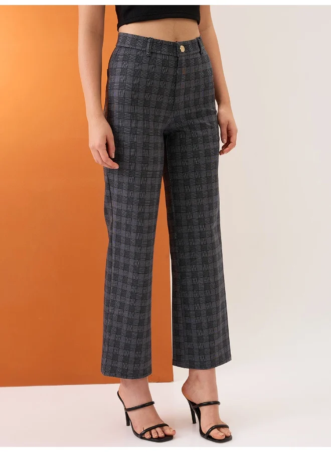 globus Women Grey Checkered Self Design Mid-Rise Straight Fit Formal Trousers