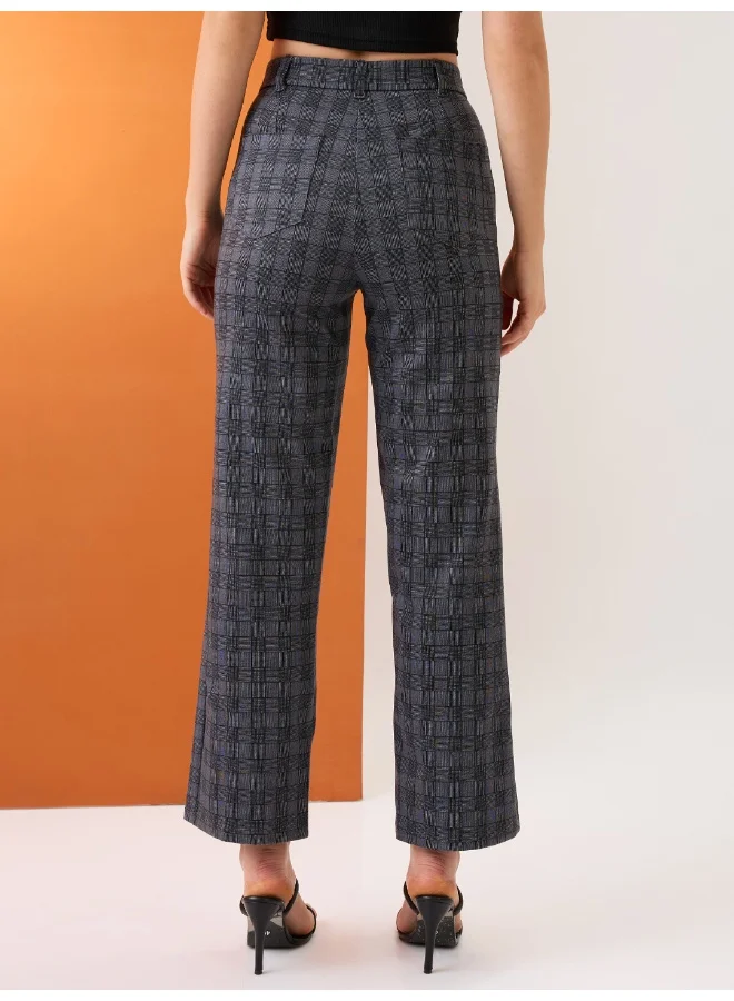 globus Women Grey Checkered Self Design Mid-Rise Straight Fit Formal Trousers
