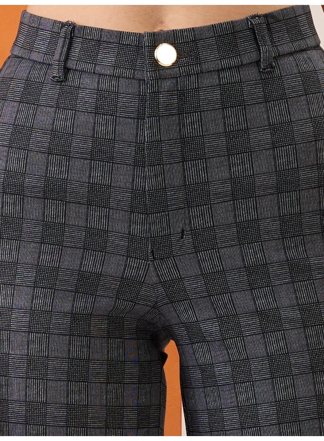 globus Women Grey Checkered Self Design Mid-Rise Straight Fit Formal Trousers