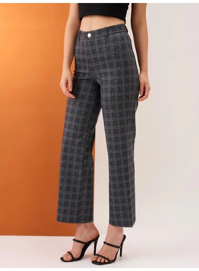 globus Globus Women Grey Checkered Self Design Mid-Rise Straight Fit Workwear Trousers