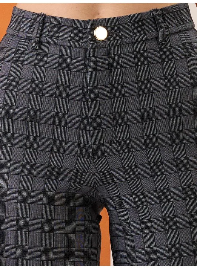 globus Globus Women Grey Checkered Self Design Mid-Rise Straight Fit Workwear Trousers