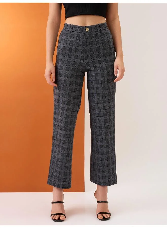 globus Globus Women Grey Checkered Self Design Mid-Rise Straight Fit Workwear Trousers