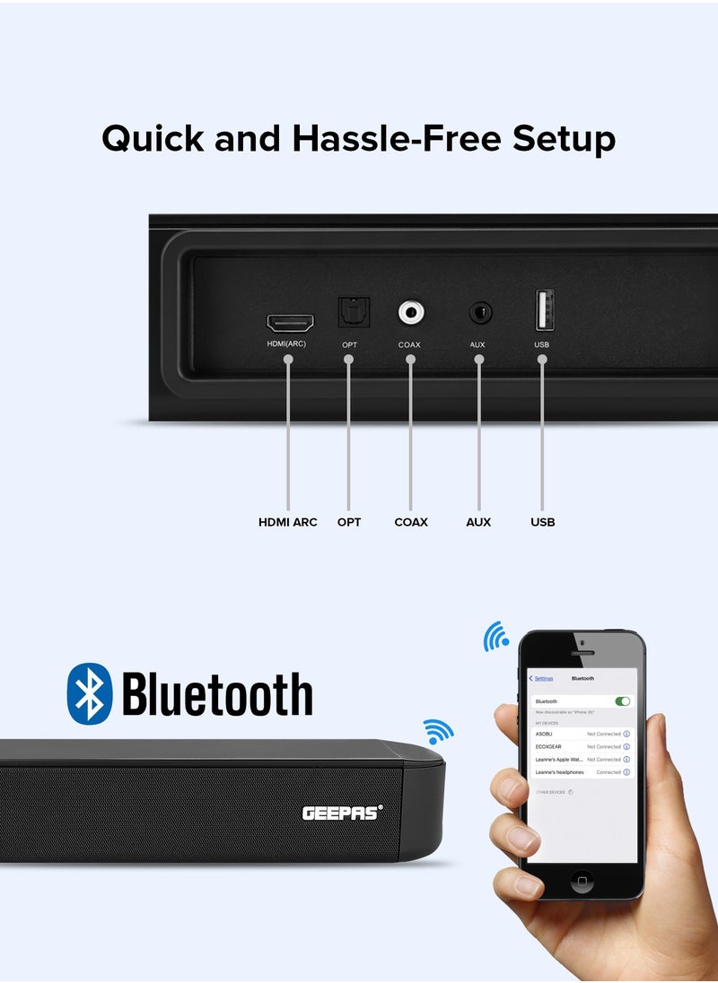 GEEPAS - Wireless Sound Bar USB/ AUX/ Bluetooth/ HDMI | Sound Bar System With Wireless Subwoofer, Connect to TV, Mobile, Laptop And More| With Remote Control and LED Display| 2 Years Warranty - Image 1