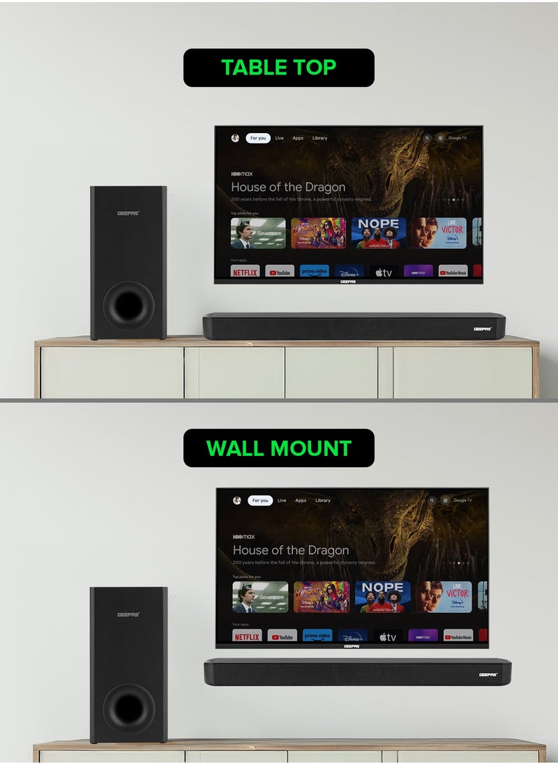 GEEPAS - Wireless Sound Bar USB/ AUX/ Bluetooth/ HDMI | Sound Bar System With Wireless Subwoofer, Connect to TV, Mobile, Laptop And More| With Remote Control and LED Display| 2 Years Warranty - Image 1