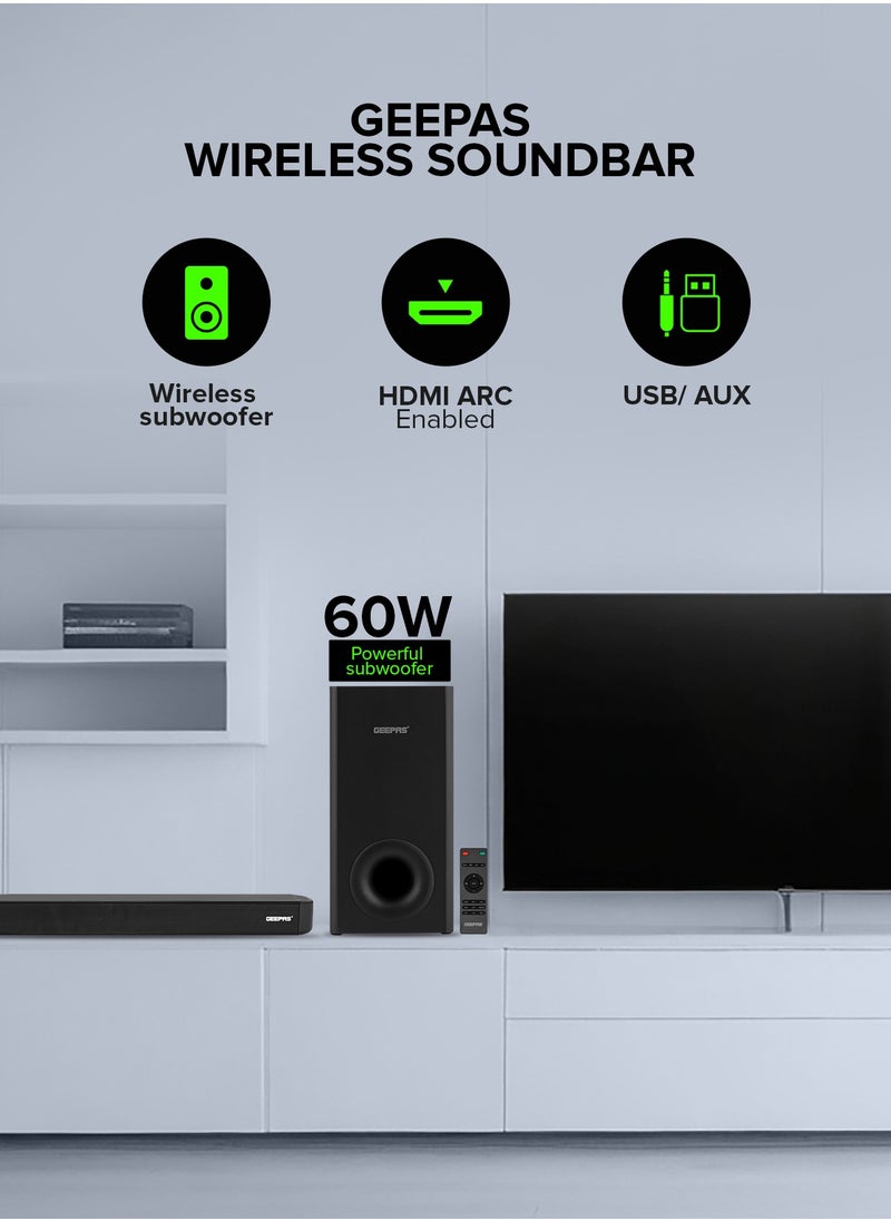 GEEPAS - Wireless Sound Bar USB/ AUX/ Bluetooth/ HDMI | Sound Bar System With Wireless Subwoofer, Connect to TV, Mobile, Laptop And More| With Remote Control and LED Display| 2 Years Warranty - Image 1