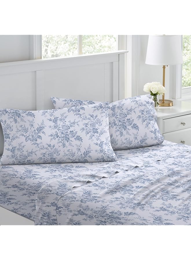 لورا أشلي طقم ملاءة مزدوج من القطن الناعم الناعم لمزيد من النعومة والراحة، فانيسا بلو، توأم - Image 1