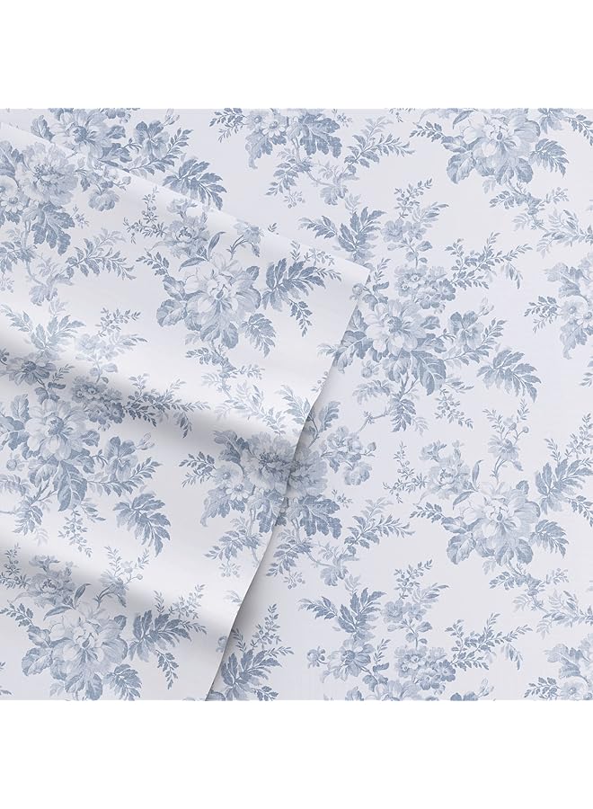 لورا أشلي طقم ملاءة مزدوج من القطن الناعم الناعم لمزيد من النعومة والراحة، فانيسا بلو، توأم - Image 4