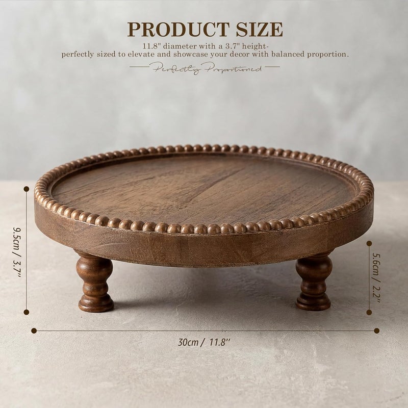 EOSAHR Pine Wood Retro Round Display Riser for Room Decor – Beaded Pedestal Tray Stand for Plant Stand, Bathroom Organizer, Boho Home Accent – Farmhouse Apartment Essentials(Brown) - Image 2