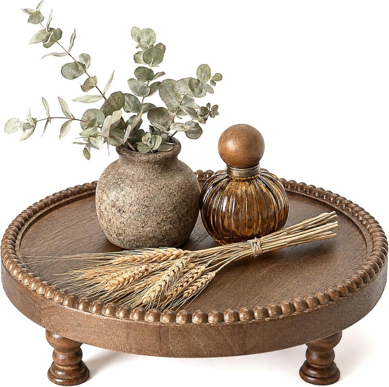 EOSAHR Pine Wood Retro Round Display Riser for Room Decor – Beaded Pedestal Tray Stand for Plant Stand, Bathroom Organizer, Boho Home Accent – Farmhouse Apartment Essentials(Brown) - Image 1