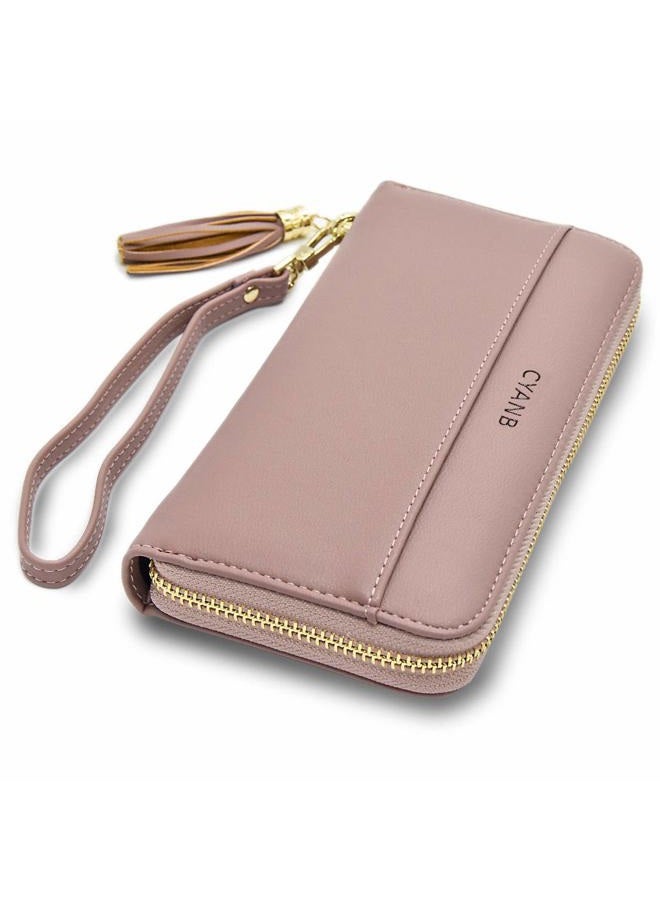 Cyanb Women Purse Tassel Double Fold Wrist Strap Long Purse Rose M Foldable Wallet - Image 1