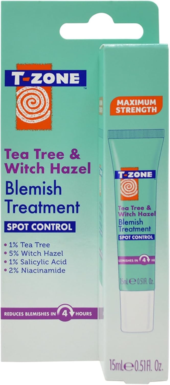 TZone Tea Tree Witch Hazel Blemish Treatment Gel 15ml Rapid Spot Treatment with Salicylic Acid Niacinamide Targets Calms Prevents Spots Pimples Breakouts for Clearer Skin