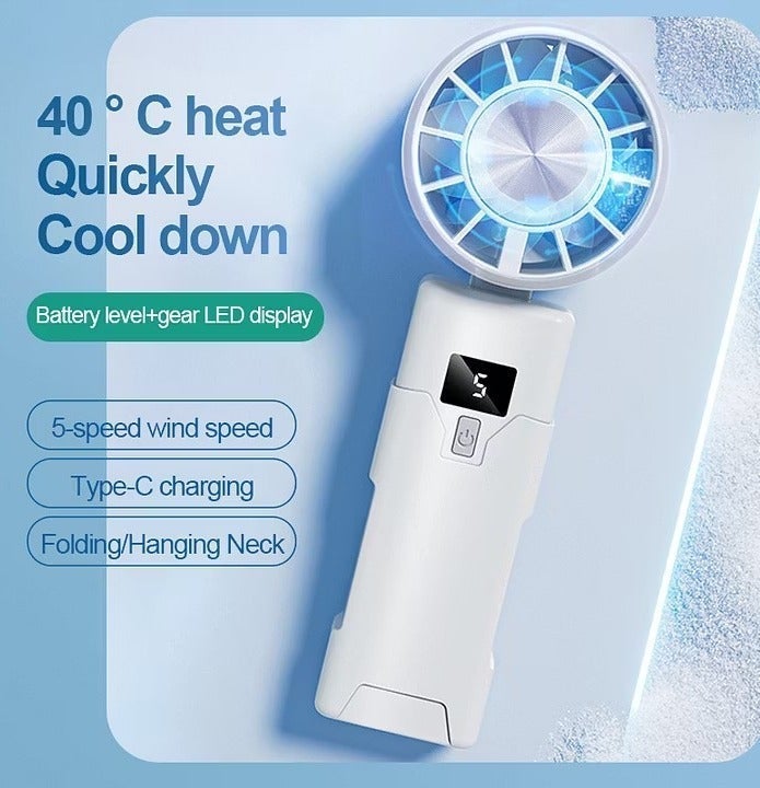 Battery-powered handheld fan with digital display and 5 adjustable speeds - Image 2
