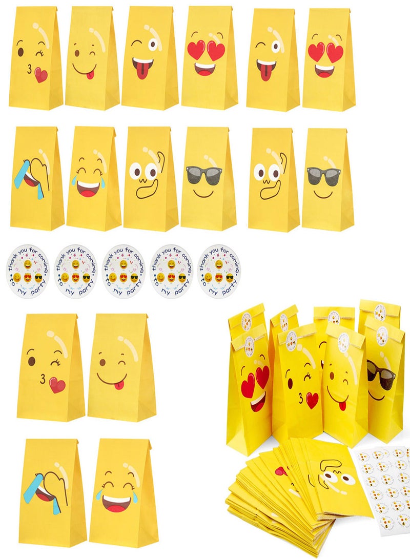 Excefore Expression Paper Bag 24 Pcs Candy Bags with 24 Stickers  Smiley Gift Paper Bags Grocery Bags Craft Paper Bags Lunch Flat Bottom Bags Favor Bag for Birth Party Supplies Smiley Party Bags - Image 1