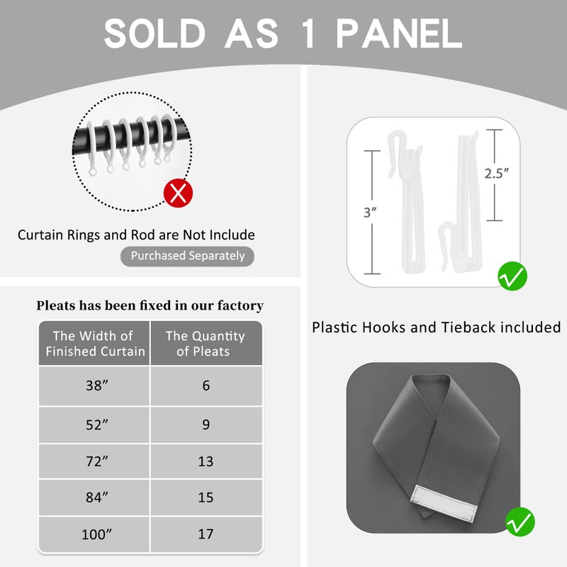 OYRING Pinch Pleat Curtain with Tieback for Bedroom  Triple Weave Blackout Pleated Curtain for Traverse Rod and Track  52"" W x 72"" L  Grey  1 Panel - Image 4