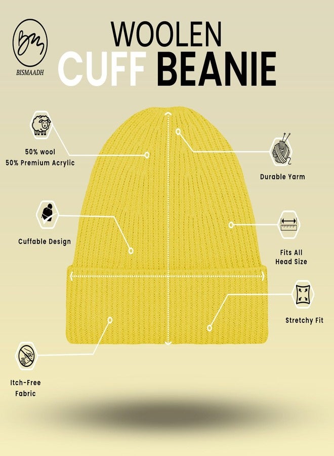 BISMAADH Fleece Lined Woolen Cuff Cap Beanie for Men & Women Warm Knit Winter Hat, Stretchy Fit, Soft & Durable Itch-Free Comfort Yellow - Image 2