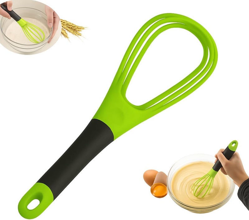MARKQ Flat and Balloon Collapsible Twist Whisk - Silicone Egg Beater, Handheld Mixer, Baking and Cooking Tool for Kitchen - Green - Image 1