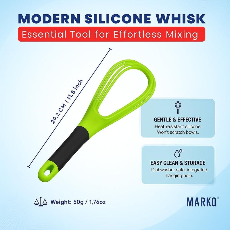 MARKQ Flat and Balloon Collapsible Twist Whisk - Silicone Egg Beater, Handheld Mixer, Baking and Cooking Tool for Kitchen - Green - Image 2