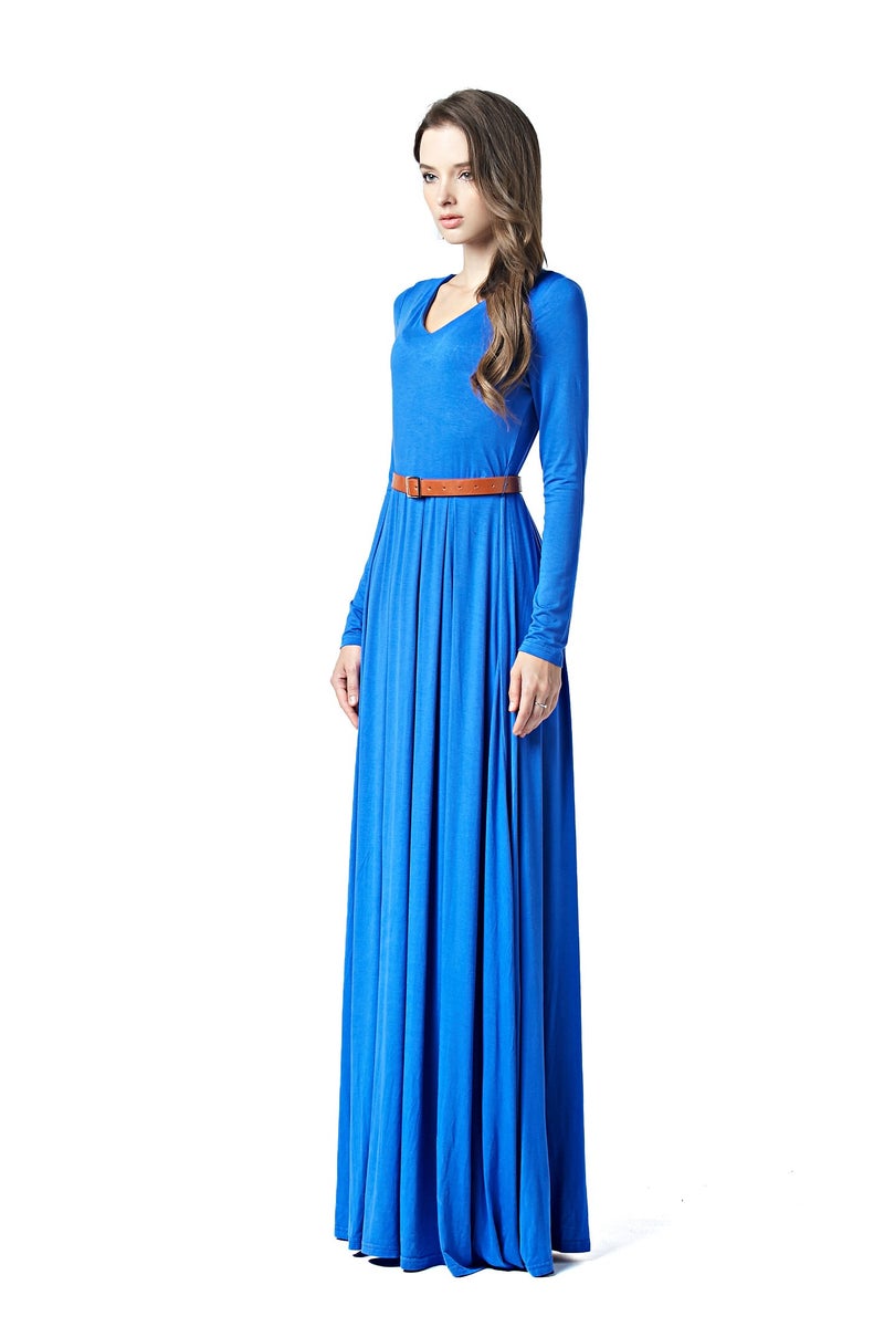 Charm Your Prince CYP Women's V-Neck Long Sleeve Elegant Formal Cocktail Evening Belted Maxi Dress Blue Large - Image 5