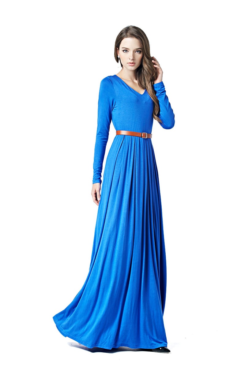 Charm Your Prince CYP Women's V-Neck Long Sleeve Elegant Formal Cocktail Evening Belted Maxi Dress Blue Large - Image 1