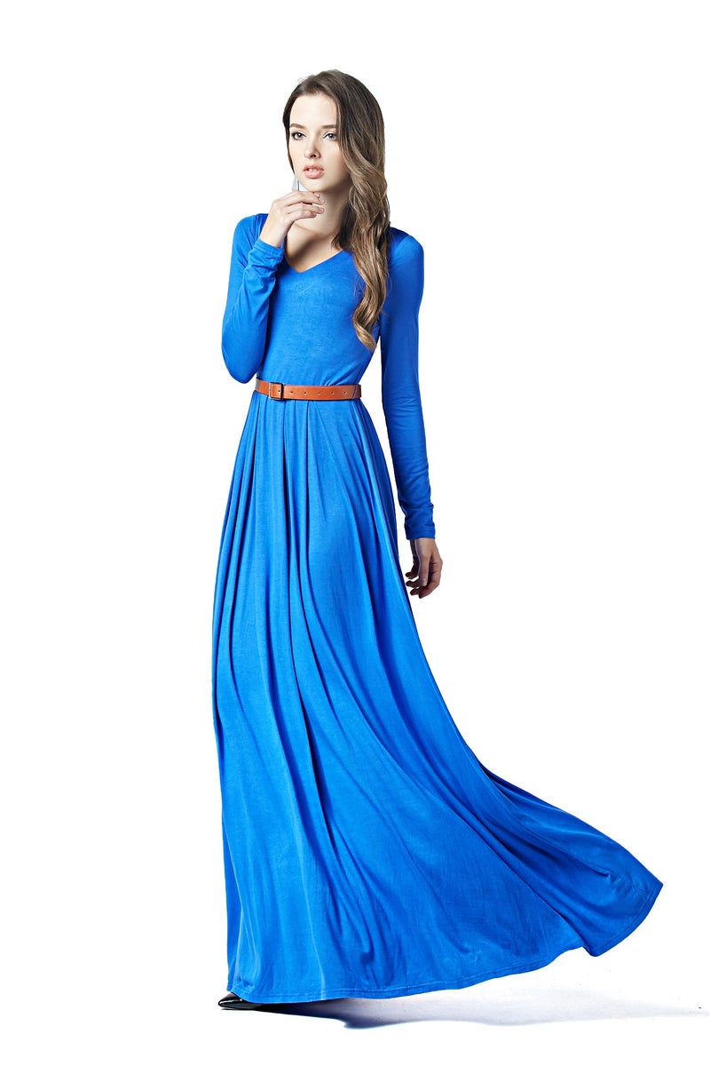 Charm Your Prince CYP Women's V-Neck Long Sleeve Elegant Formal Cocktail Evening Belted Maxi Dress Blue Large - Image 2