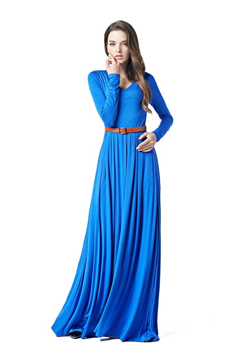Charm Your Prince CYP Women's V-Neck Long Sleeve Elegant Formal Cocktail Evening Belted Maxi Dress Blue Large - Image 3