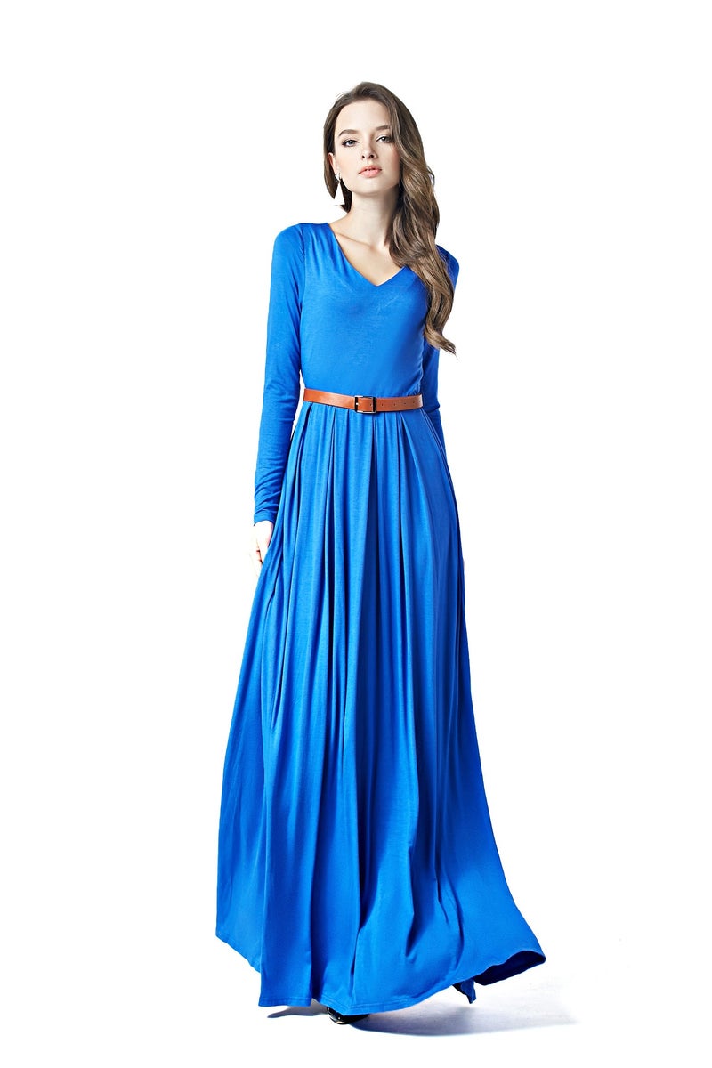 Charm Your Prince CYP Women's V-Neck Long Sleeve Elegant Formal Cocktail Evening Belted Maxi Dress Blue Large - Image 4