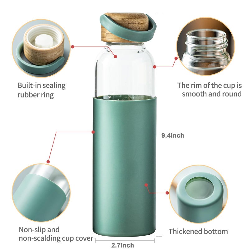 wangsdjy 21oz Borosilicate Glass Water Bottles with Silicone Non-Slip Sleeve & Leak-Proof Lid-Reusable Drink Bottle for Office,Travel,Gym,Hiking-BPA Free,Ideal Gift for Home,Car &Fitness (Green) - Image 2