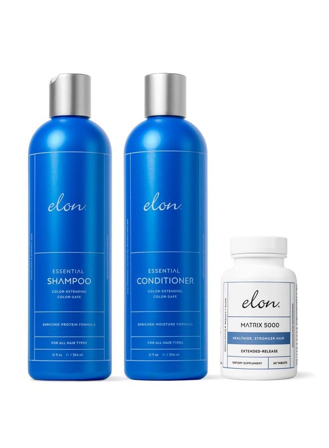 Elon Complete Hair Care Kit for Thinning Hair – Moisture Therapy Shampoo and Conditioner Set + Matrix 5000 Hair Growth Supplement - Suitable for All Hair Types – NO Sulfates, Parabens or Phthalates - Image 1