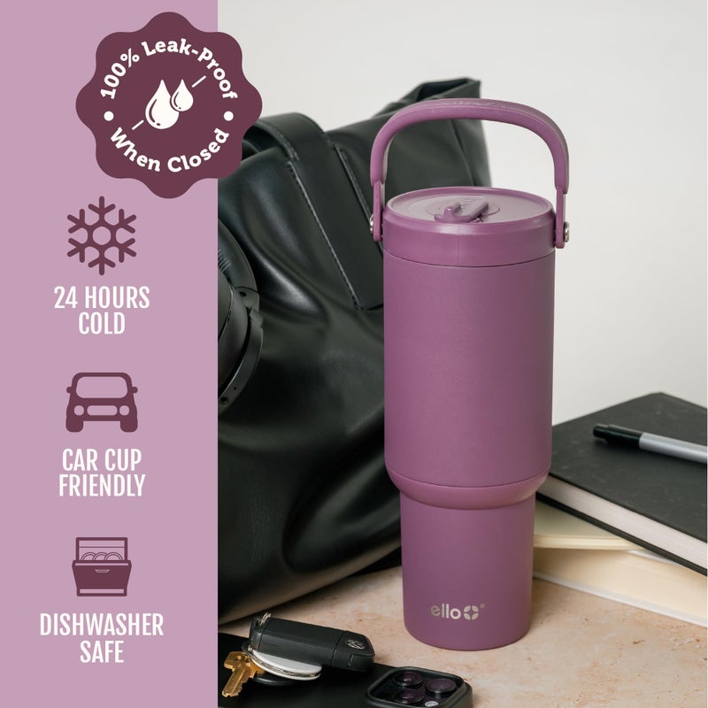 Ello Oasis Go+ 26oz Tumbler with Top Handle and Retracting Straw | Reusable Insulated Stainless Steel Cup, 100% Leakproof Water Bottle, 24 Hours Cold, Cup Holder Friendly For Travel | Wild Rasberry - Image 4