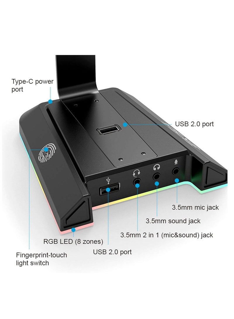 EKSA EKSA RGB Headset Stand, Headphone Stands with 7.1 Surround Sound & USB/3.5mm Port, Desk Gaming Headsets Holder with Aluminum Alloy Rod & Non-Slip Rubber Pad, Suitable for Most Gamer Desktop Earphones - Image 3