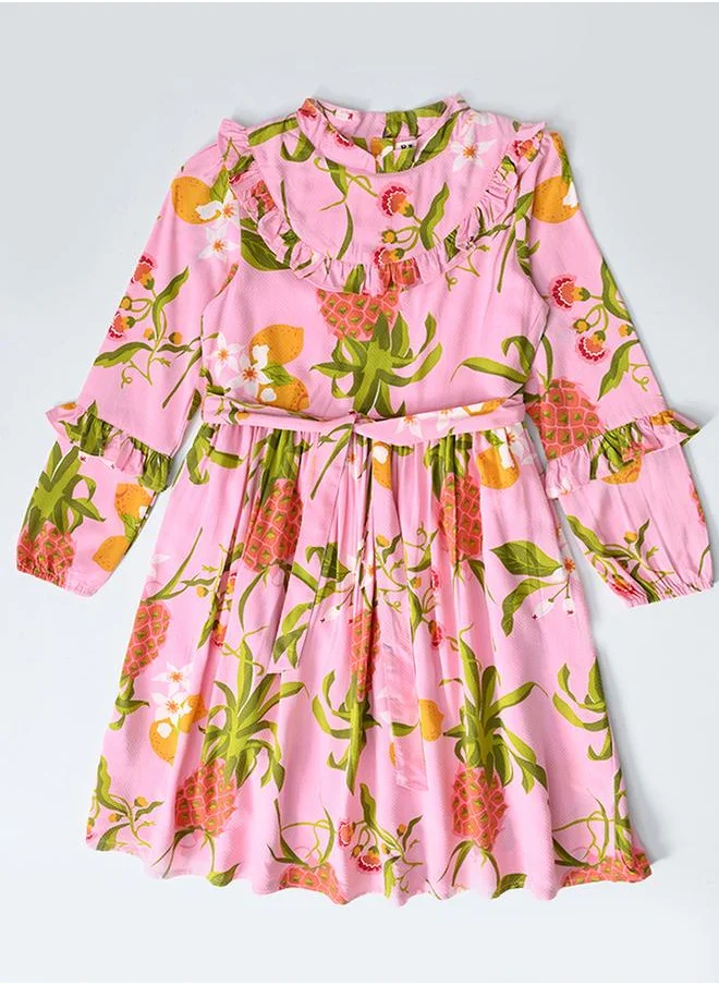 بيلا مودا Bella Moda Pineapple Print Mandarin Collar Cotton Dress with Ruffle Trim