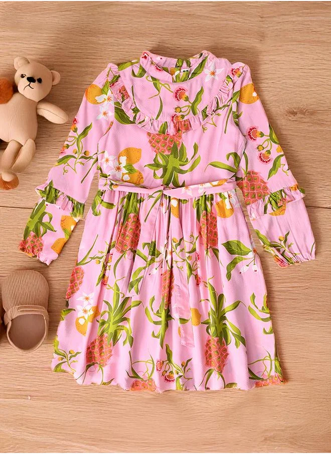 بيلا مودا Bella Moda Pineapple Print Mandarin Collar Cotton Dress with Ruffle Trim