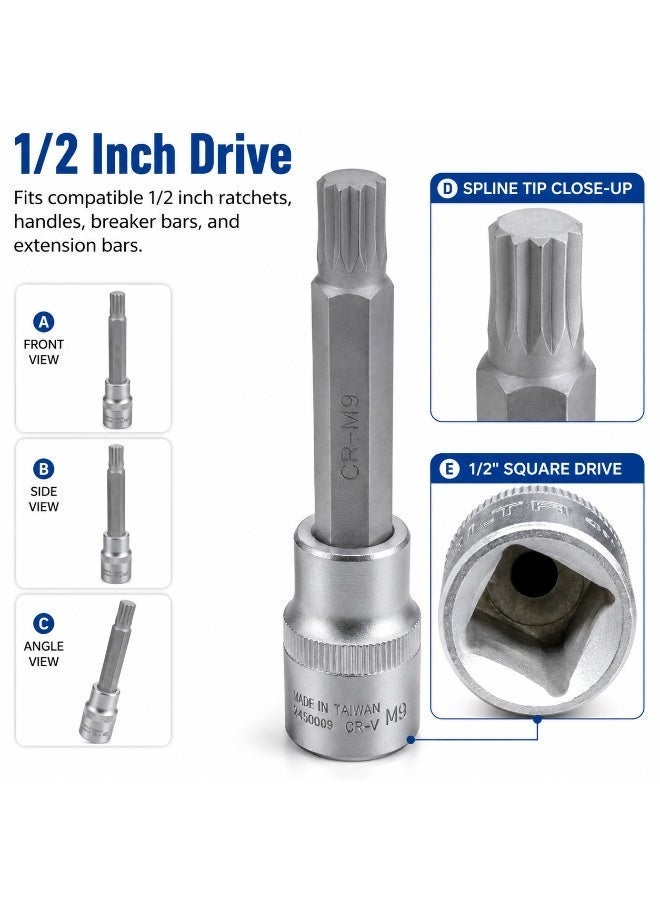 مقبس لقمة M9 Spline مقاس 1/2 بوصة، أداة مقبس معدنية ثلاثية مربعة بطول 4 بوصة CR-V للسقاطة وإصلاح السيارات وورش العمل والصيانة بنفسك - Image 2